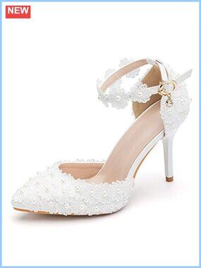 Women's High Heel Pumps Closed Toe Stiletto Heels Floral Lace Pearl Ankle Strap